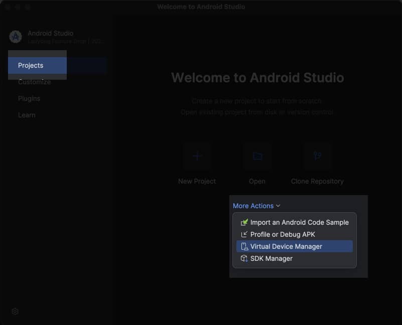 I Android Studio gå till projektfliken Klicka på fler åtgärder och välj Virtual Device Manager