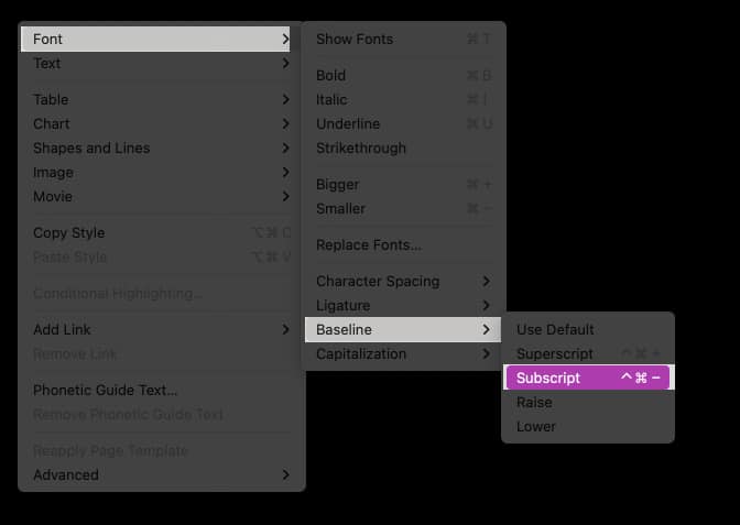 I MAC -menyfältet klickar du på Format Välj teckensnitt sedan baslinjen och välj SuperScript eller Subscript
