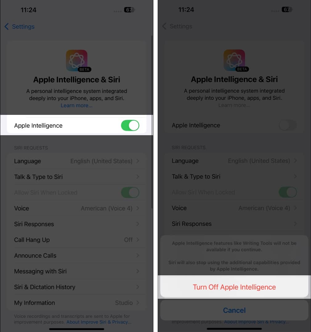 Navigera till inställningar sedan gå till Apple Intelligence och Siri och växla av Apple Intelligence