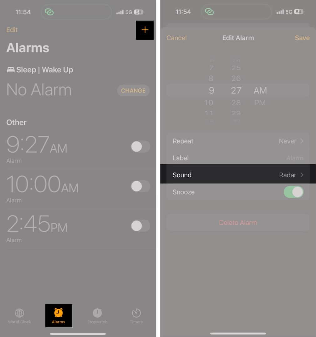 Creating a new alarm in the Clock app on an iPhone