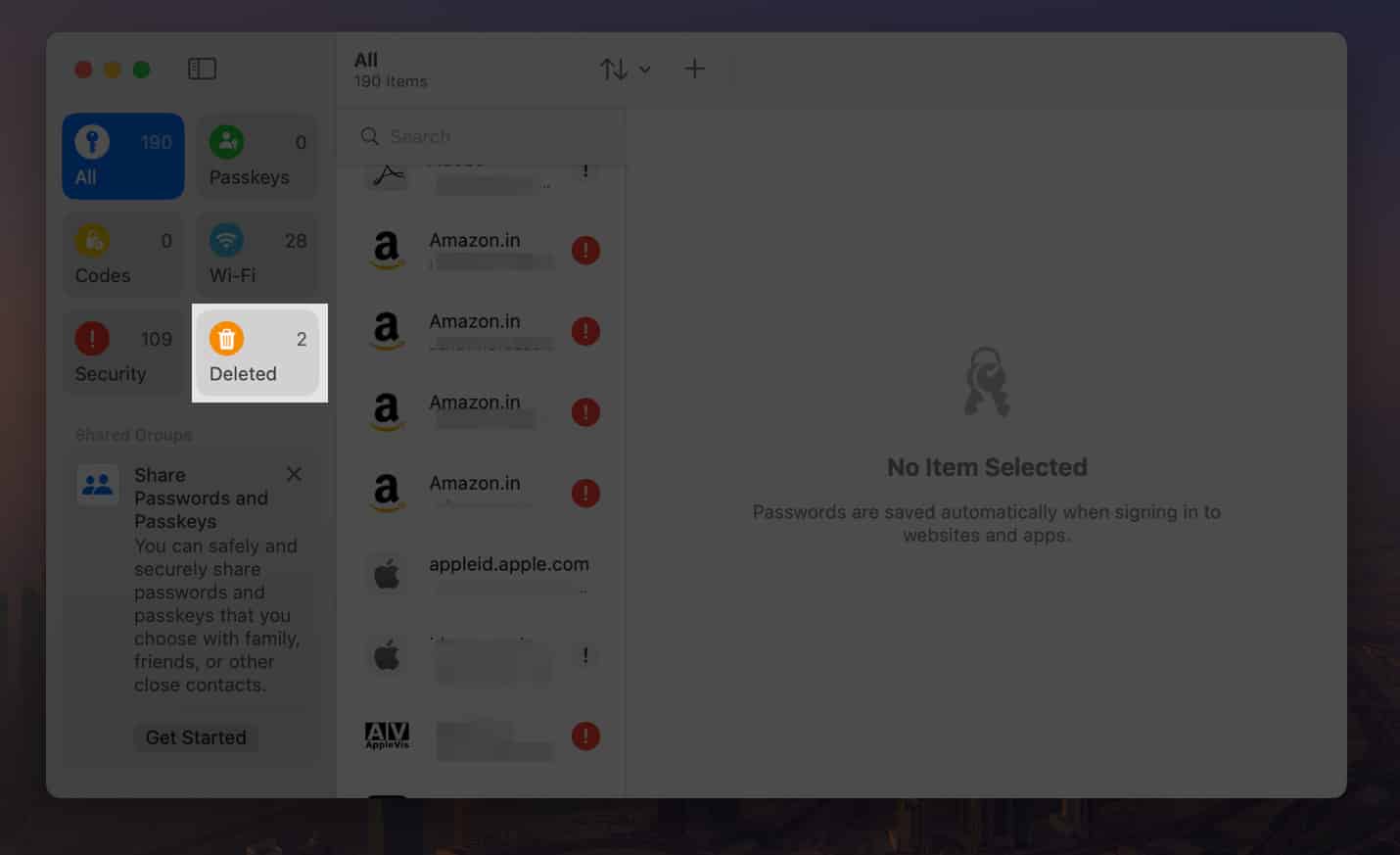 Open Passwords app on Mac enter passcode or Touch ID and select Deleted option