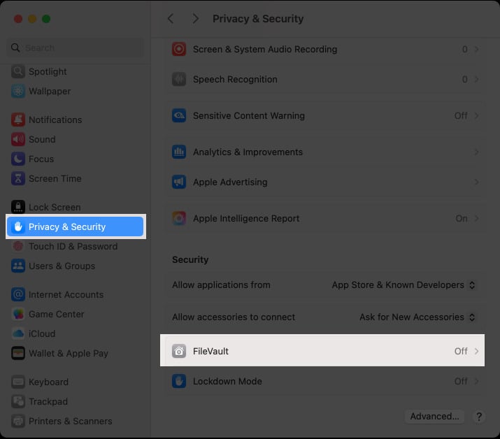 Accessing the FileVault option in macOS System Settings