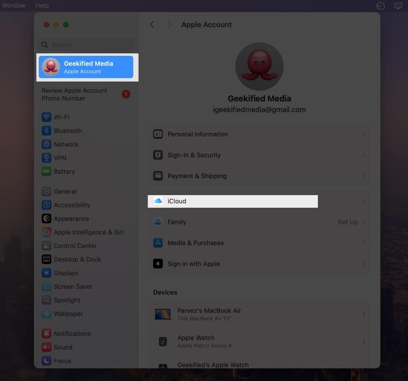 Open System Settings on Mac and navigate to iCloud under your name