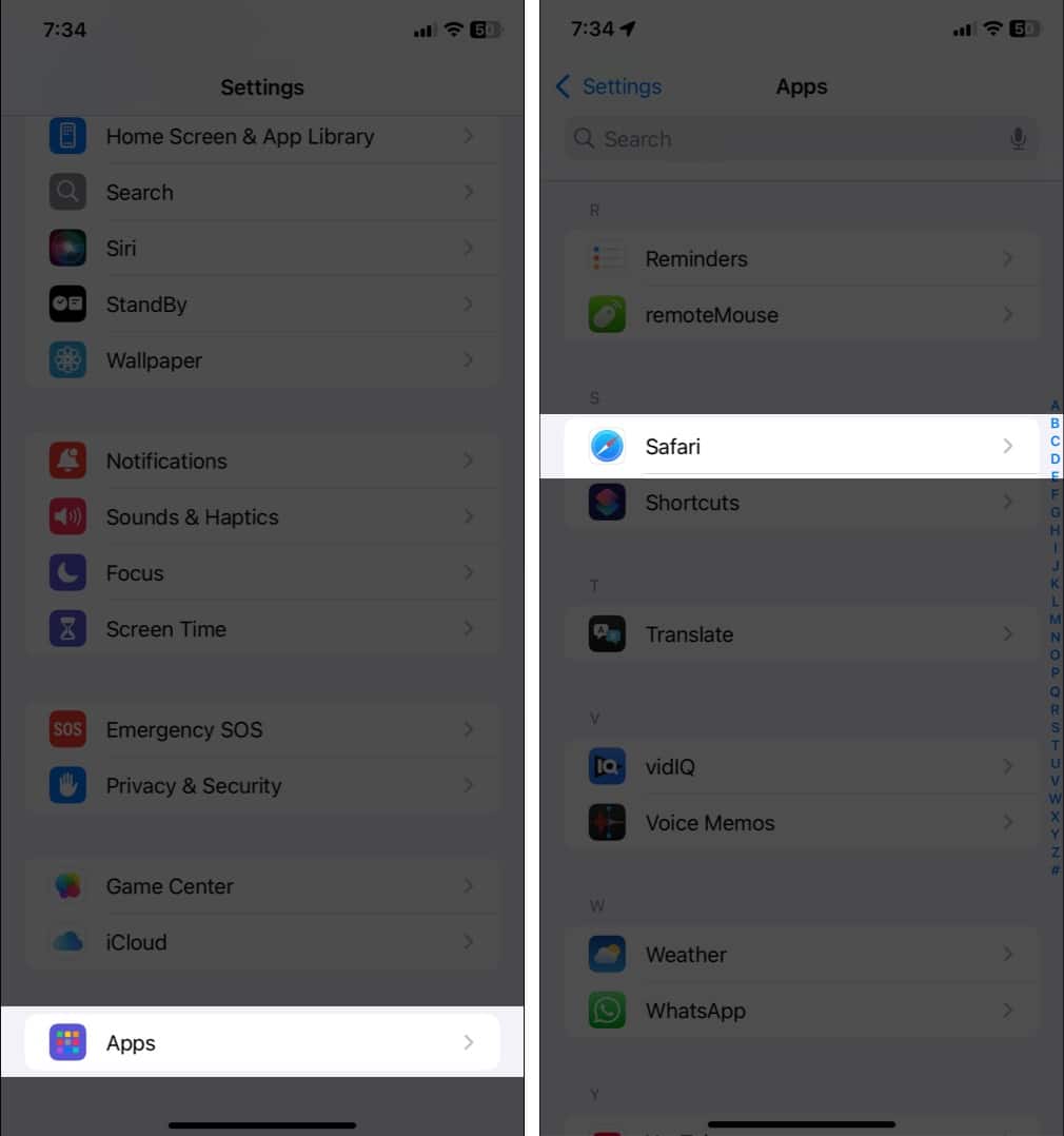 Open iPhone Settings tap on Apps and Safari