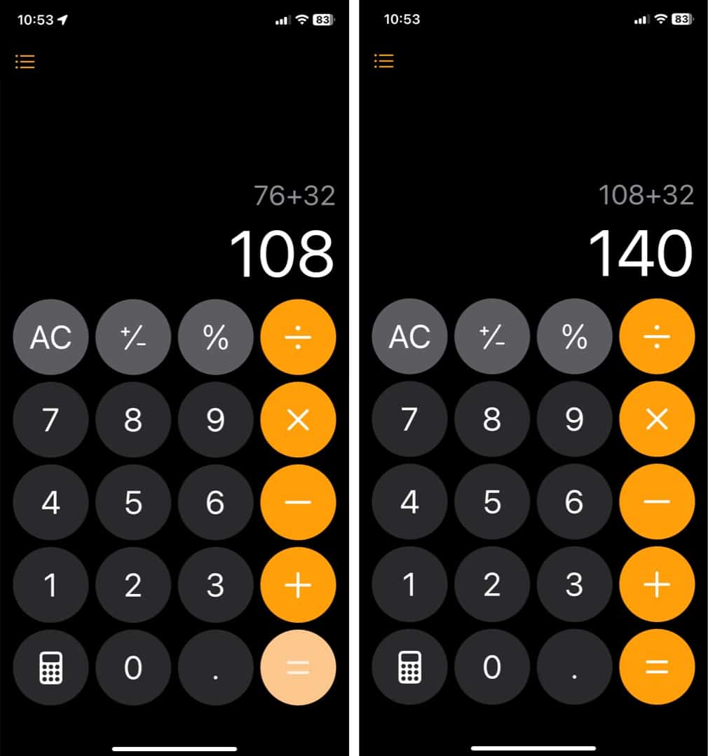 Repeat last mathematical operation in Calculator app on iPhone