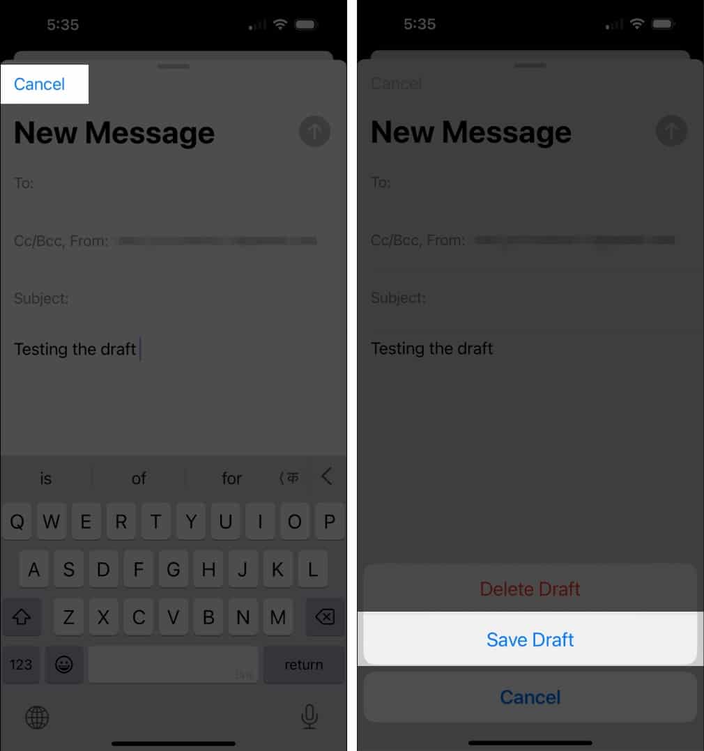 Save your email as a draft in iOS Mail app