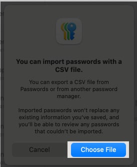 Select Choose File and upload the exported CSV