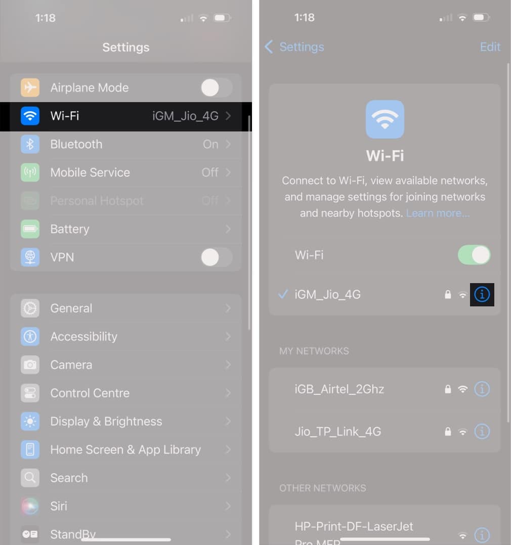 Accessing settings of the connected Wi Fi network