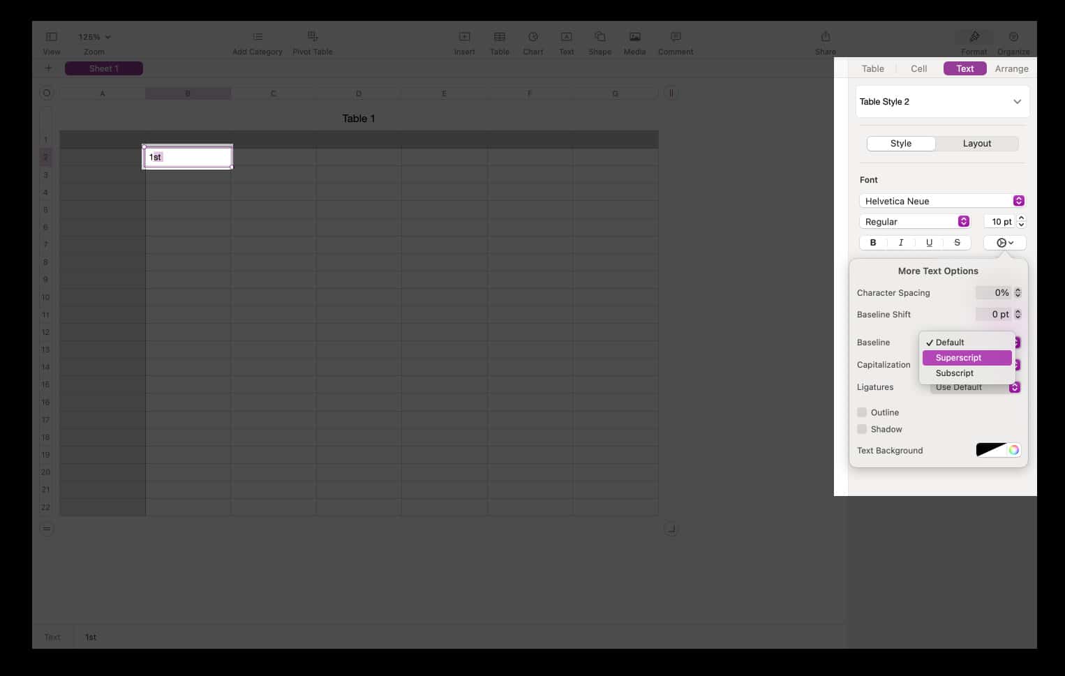 Select text in Numbers click Format Text open Advanced Options and choose Superscript or Subscript from the Baseline menu