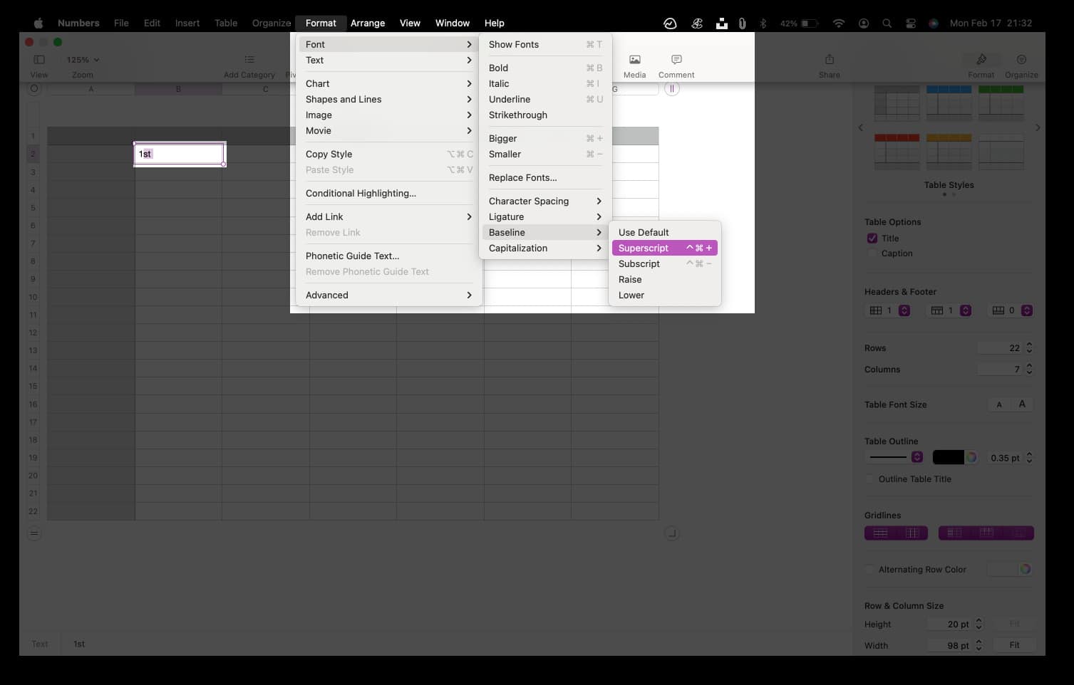 Select text in Numbers go to Format Font Baseline and choose Superscript or Subscript