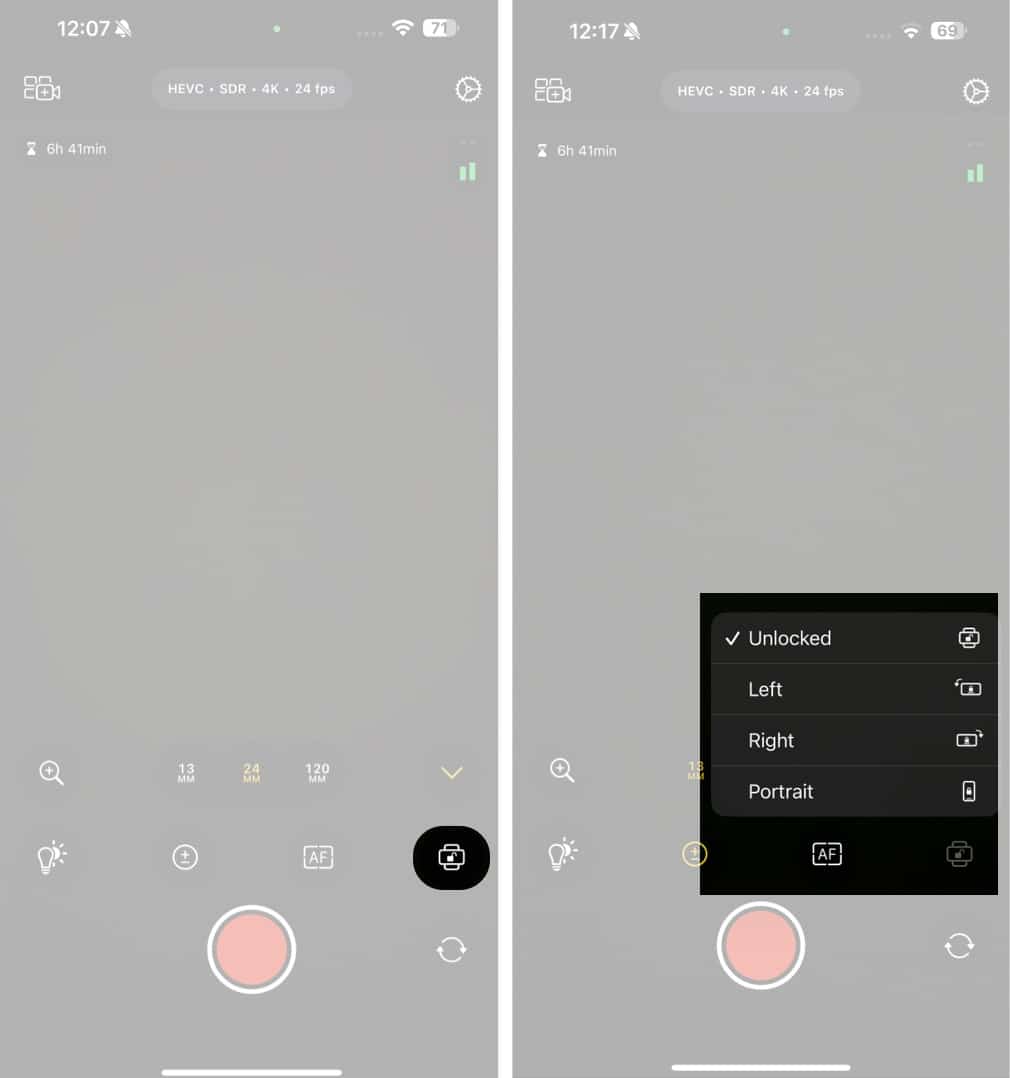 Camera orientation options in Final Cut Camera app