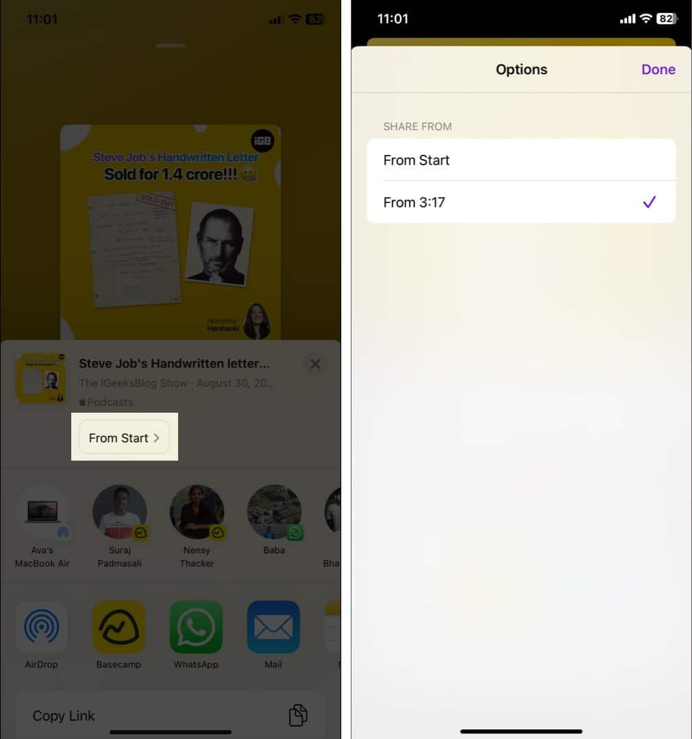 Share specific section of Podcast on iPhone