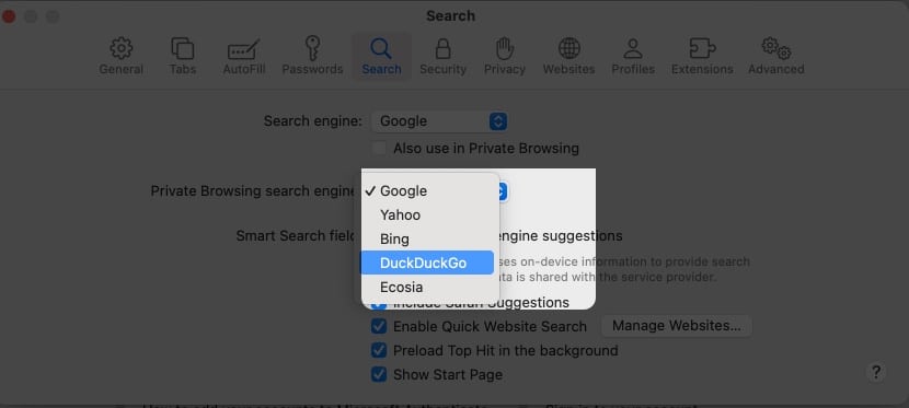 Steps to change the default search engine for private browsing in Safari on Mac