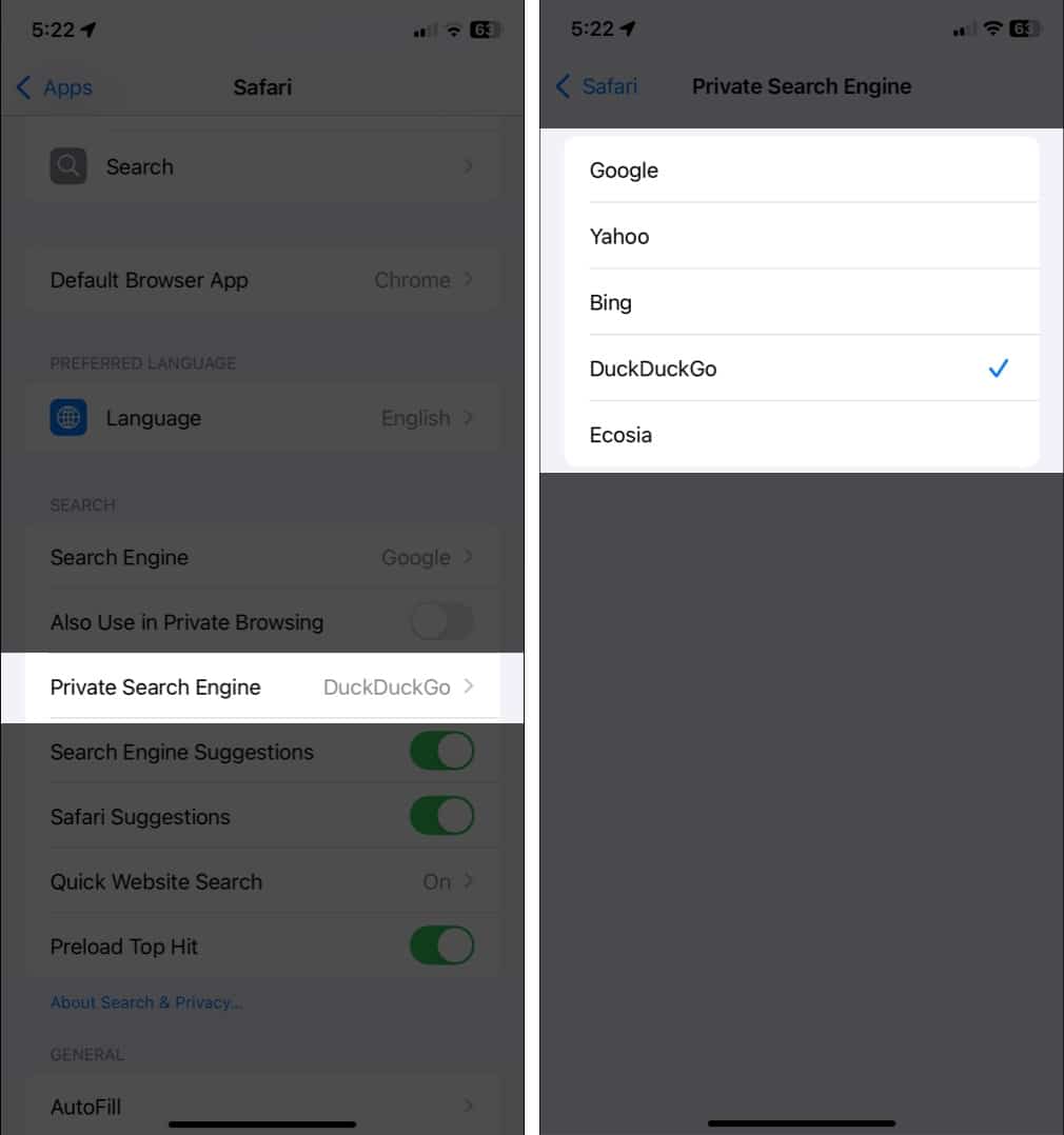 Steps to change the default search engine for private browsing in Safari on iPhone