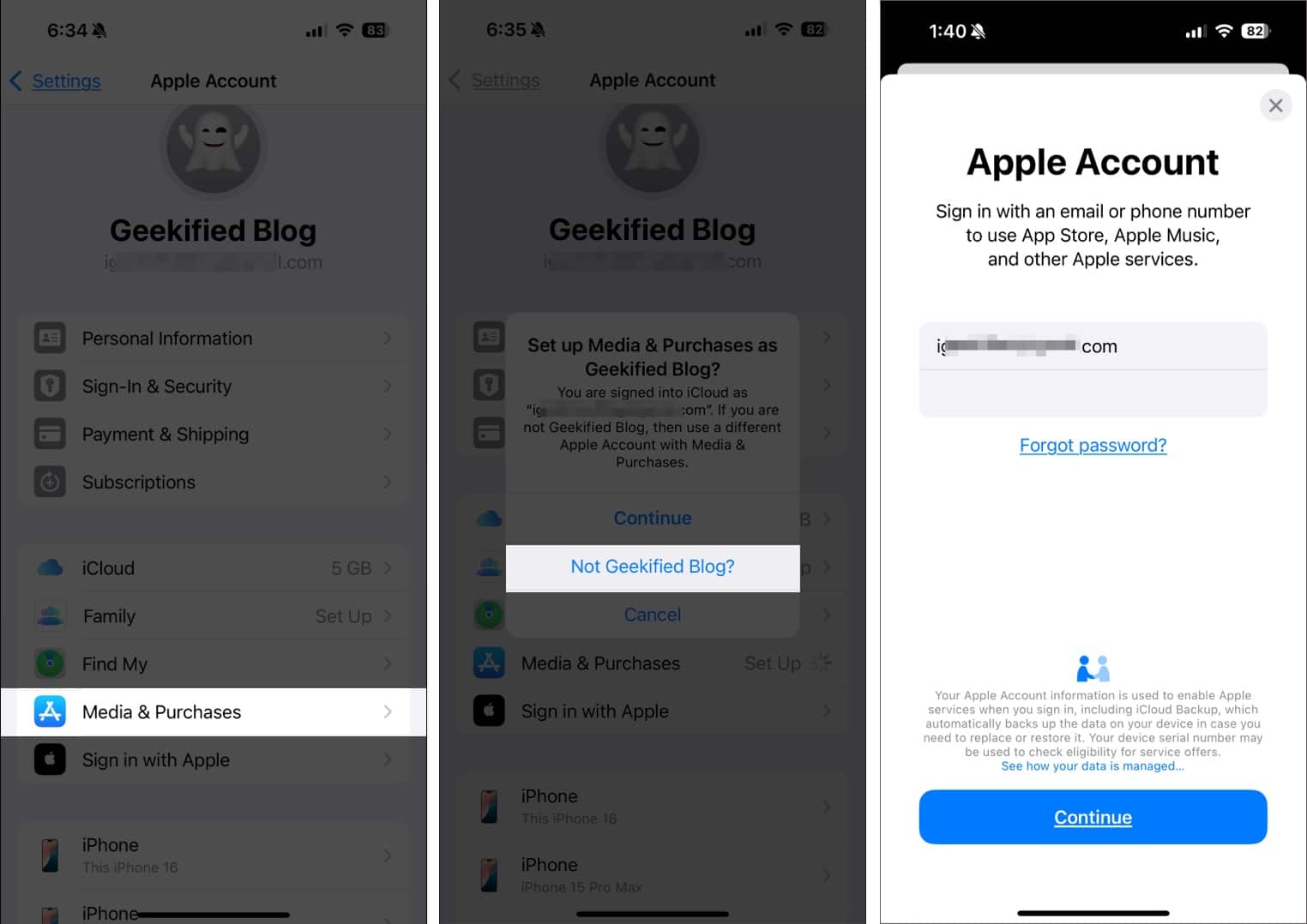 Signing in to an Apple Account in iPhone Settings app