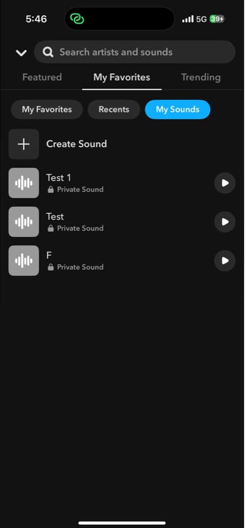 Tryck på mina favoriter i ljudmenyn för att se dina sparade ljud på Snapchat