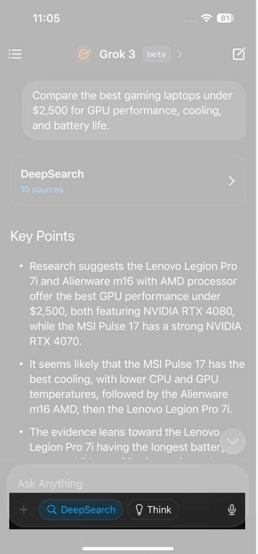 Using the DeepSearch feature in Grok's iOS app.