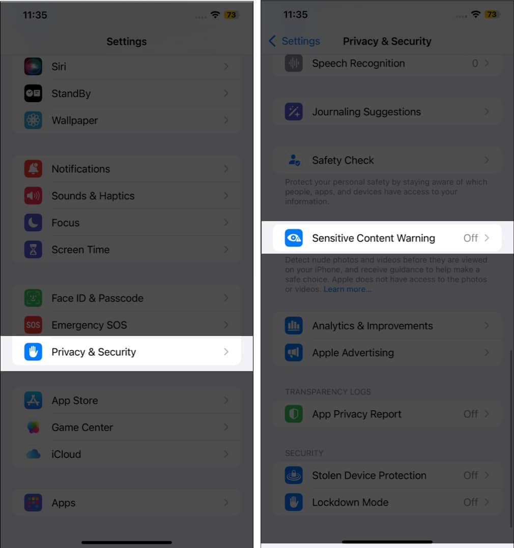 Accessing Sensitive Content Warning settings under Privacy and Security settings on an iPhone