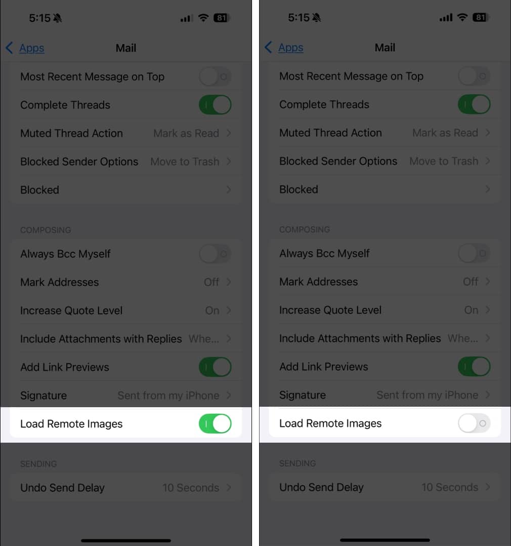 Turn off Load Remote Images in iOS Mail app Settings