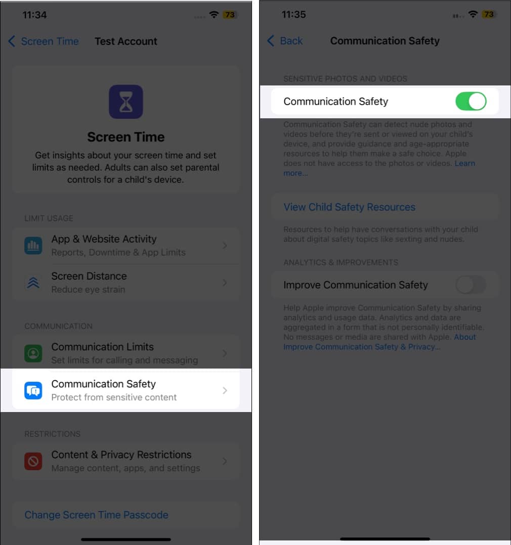 Turning on the Communication Safety feature on an iPhone