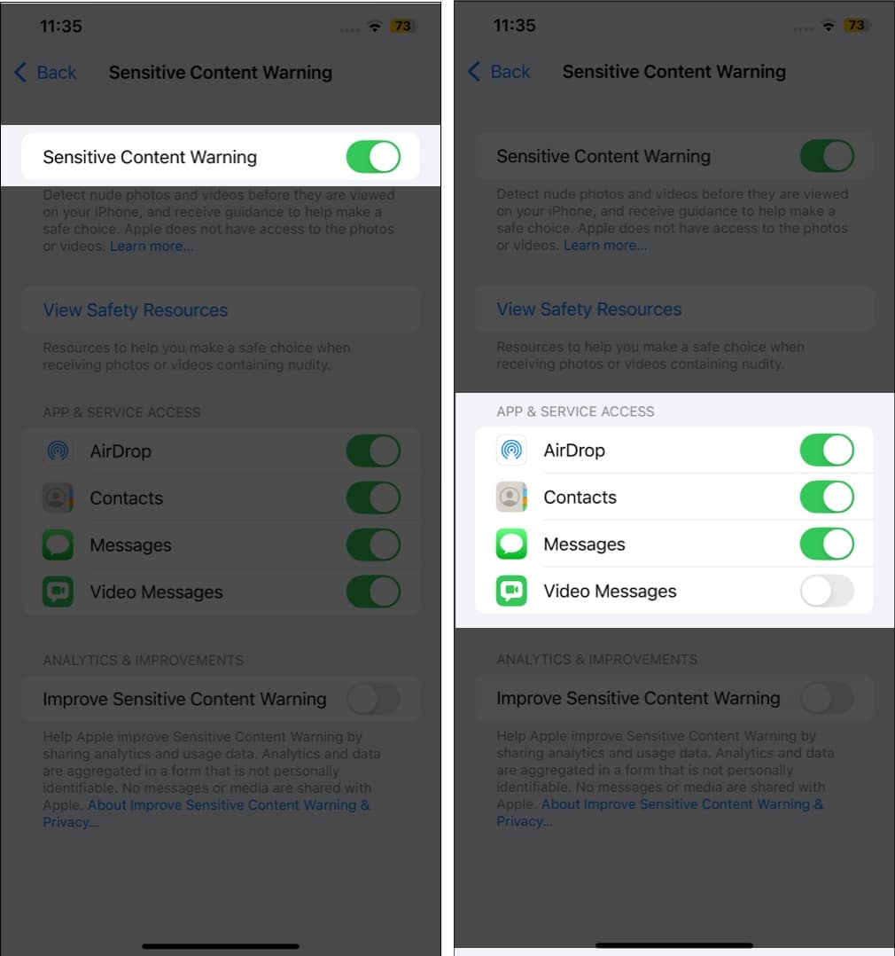 Turning on Sensitive Content Warning and toggling it off for specific apps