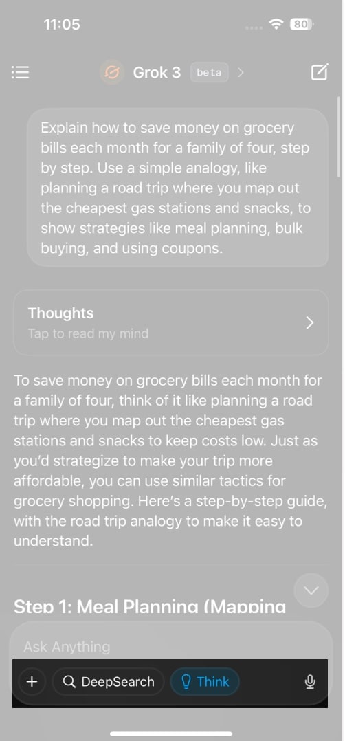 Using the Think mode in Grok's iOS app.
