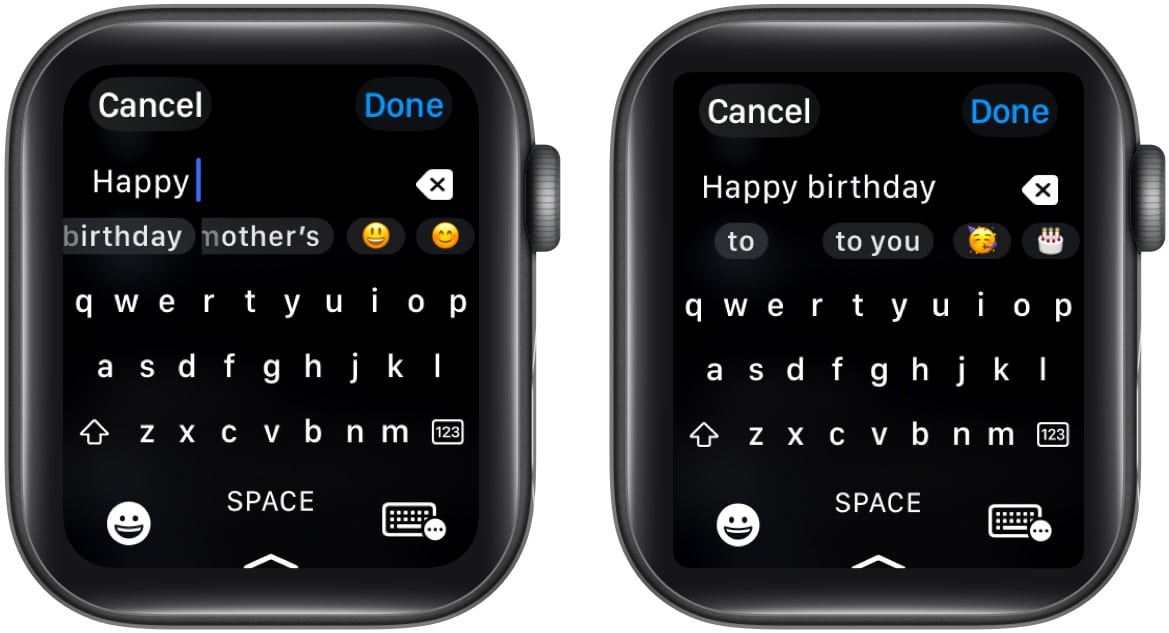 Använda förutsägbara textförslag för att ange text snabbare på en Apple Watch