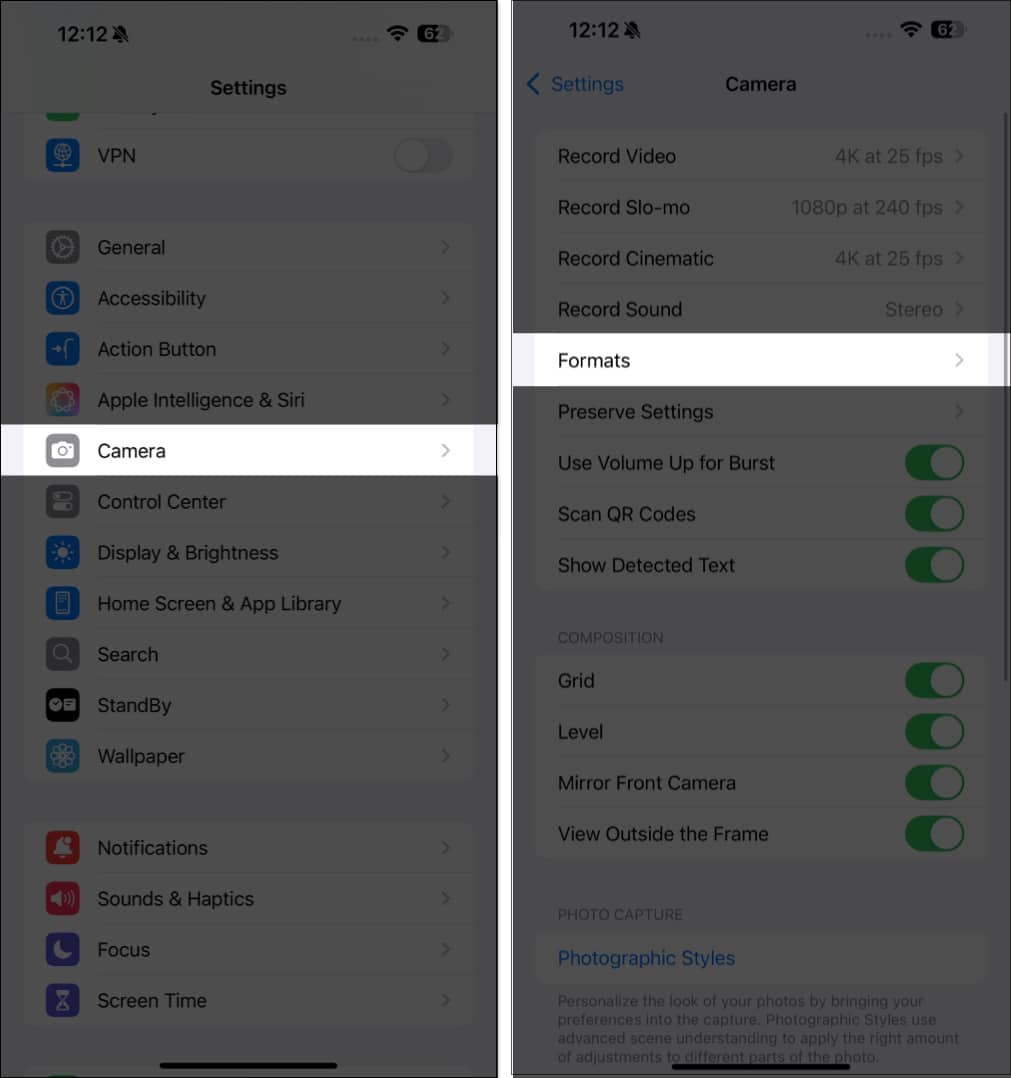 Åtkomst till format under kamerainställningar i iOS -inställningsappen