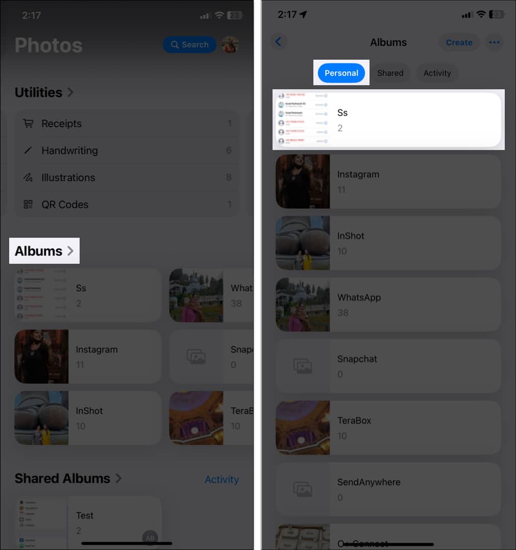 Accessing Personal tab in Albums on iOS Photos app