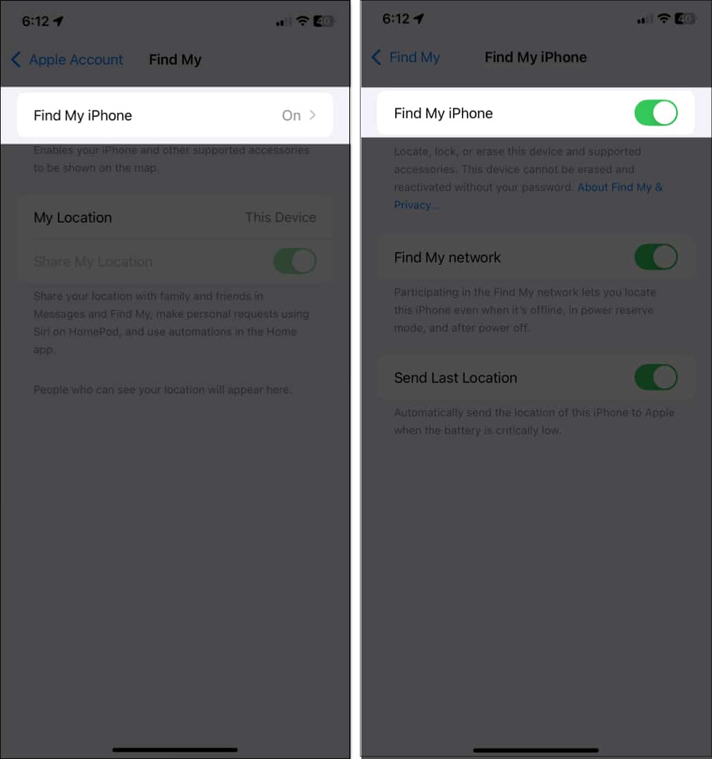 Checking whether Find My is turned on in iPhone Settings app