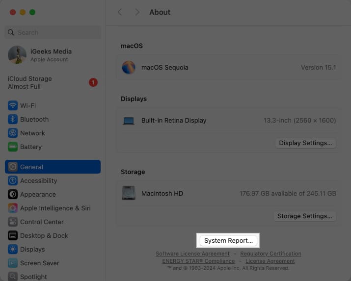 System Report button under General settings on macOS System Settings app