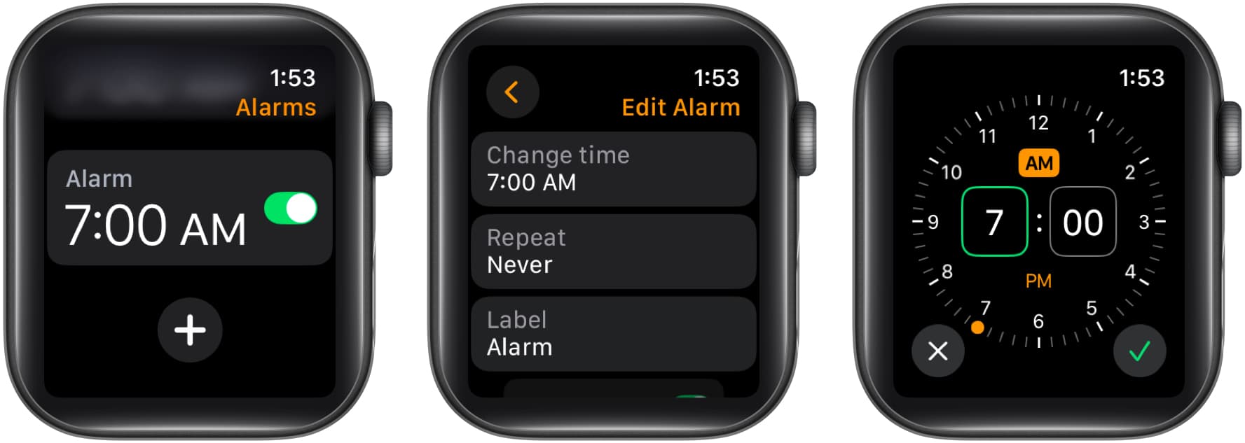 Apple Watch의 Alarms 앱에서 알람 시간 편집.