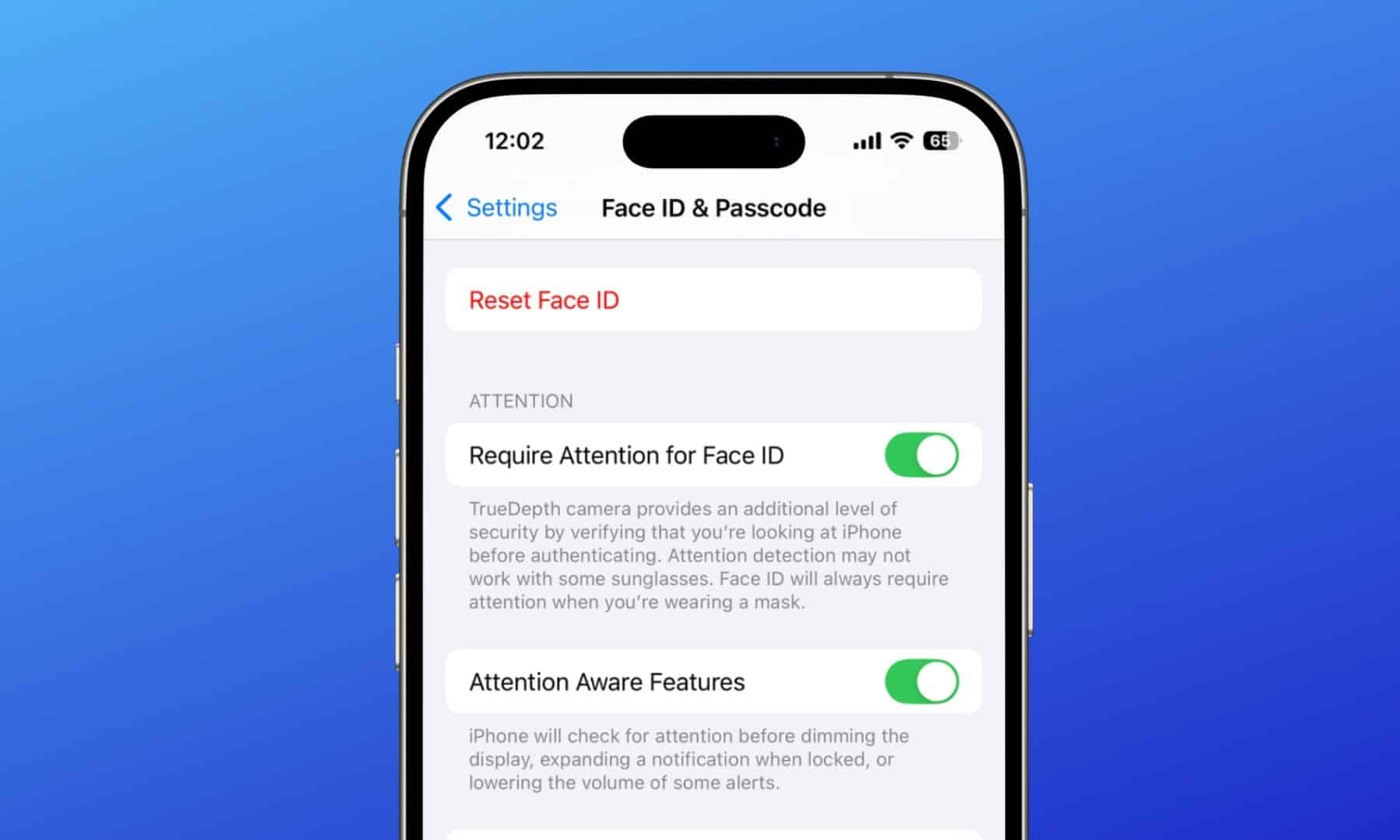 Attention Aware Features in iOS Settings app on an iPhone toggled on