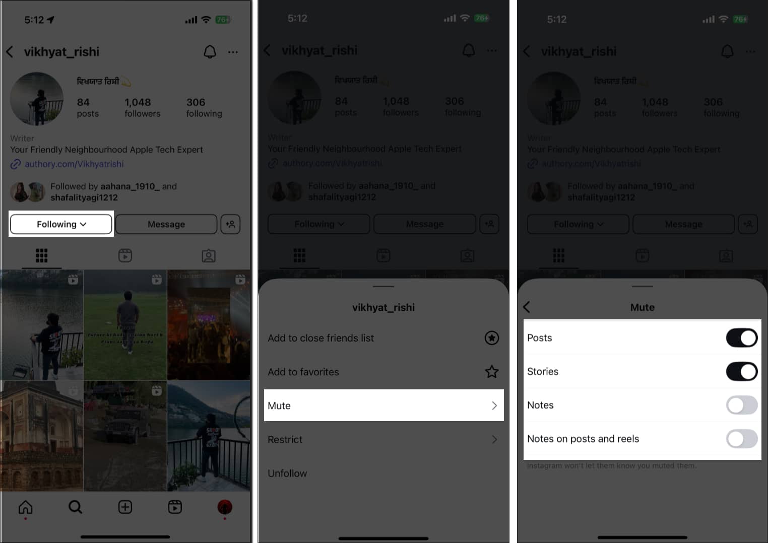 Kandungan meredup dari akaun Instagram di iPhone