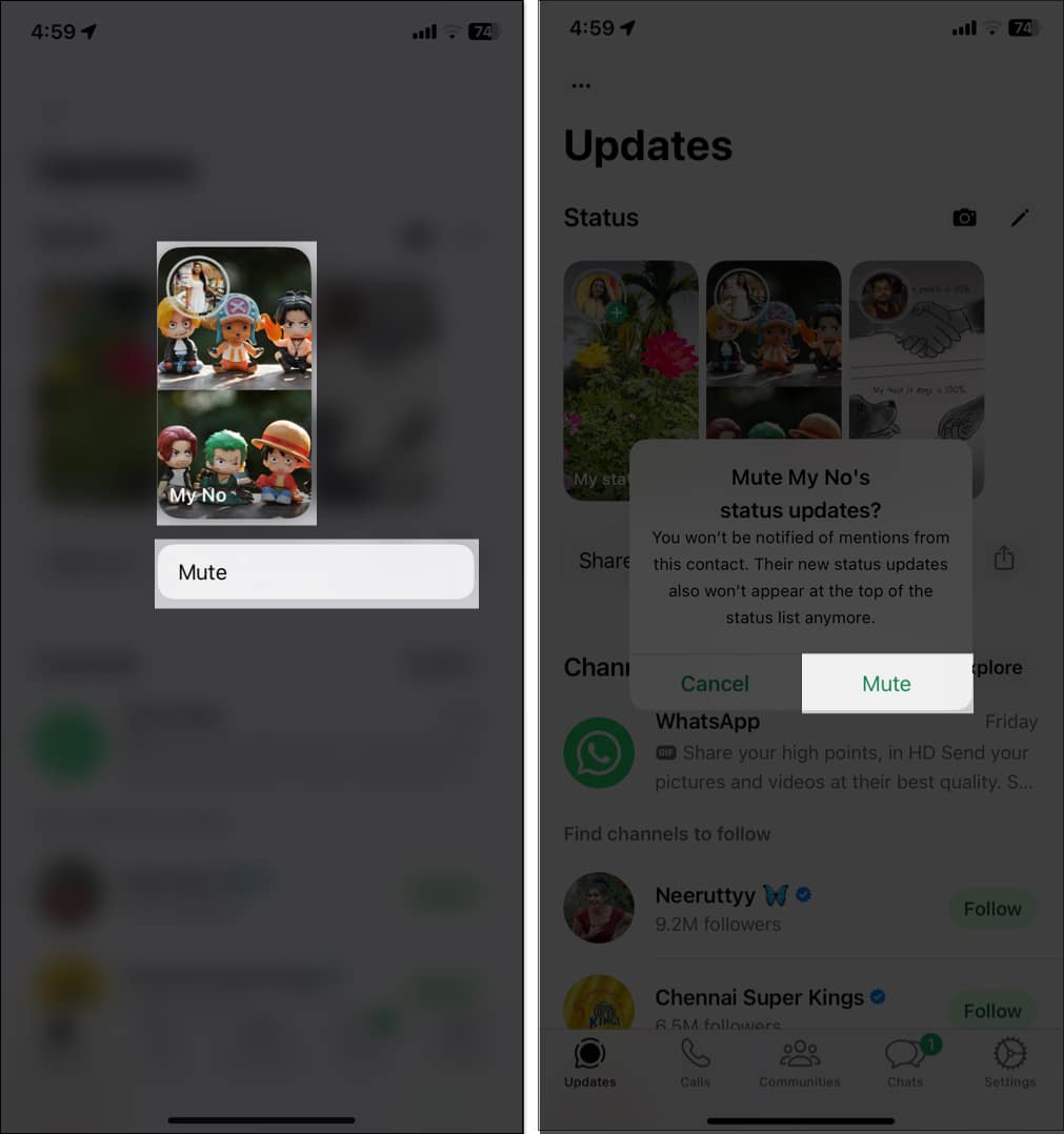 Muting WhatsApp status on iPhone