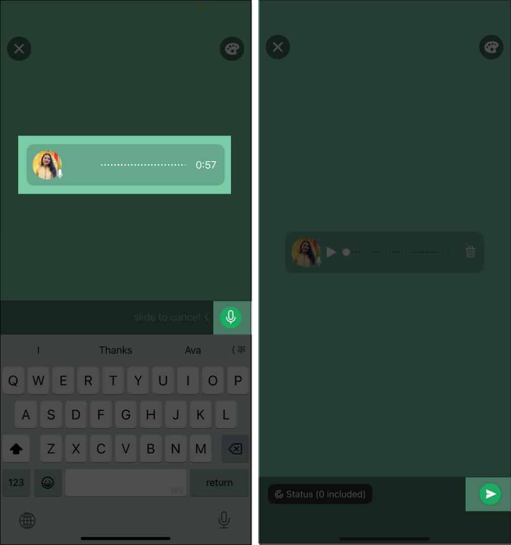 Posting voice status on WhatsApp by tapping on mic icon