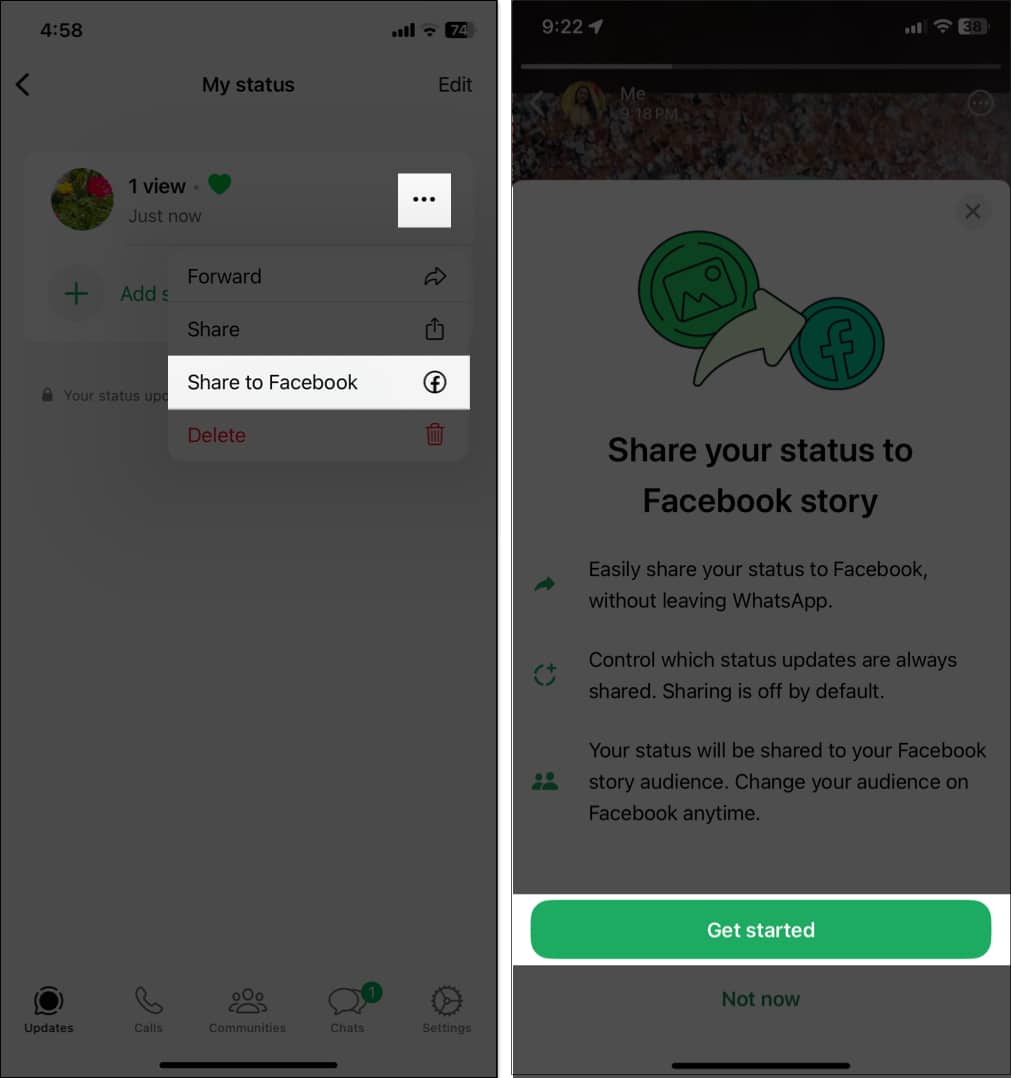 Sharing WhatsApp status in Facebook on iPhone