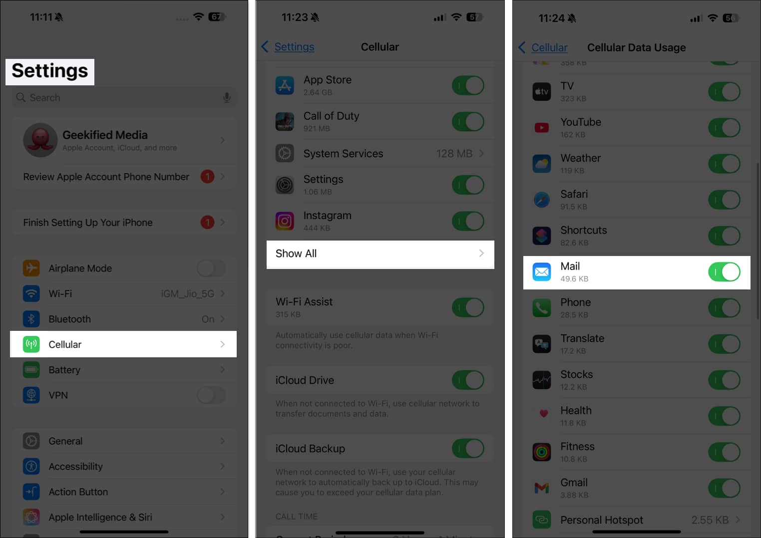 Toggling on cellular data access for the Apple Mail app on an iPhone