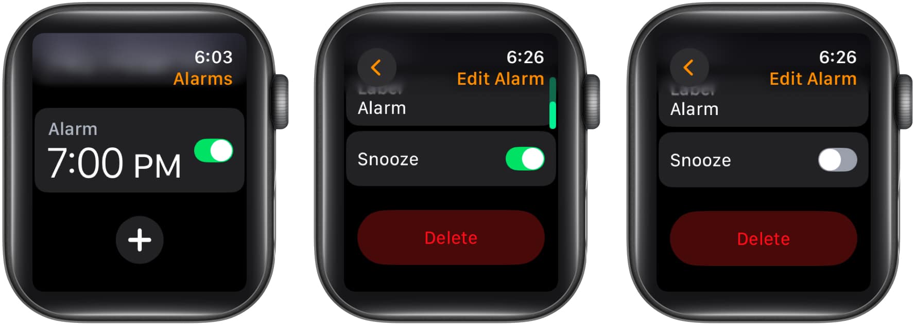 Apple Watch의 Alarms 앱에서 Snooze 옵션 토글