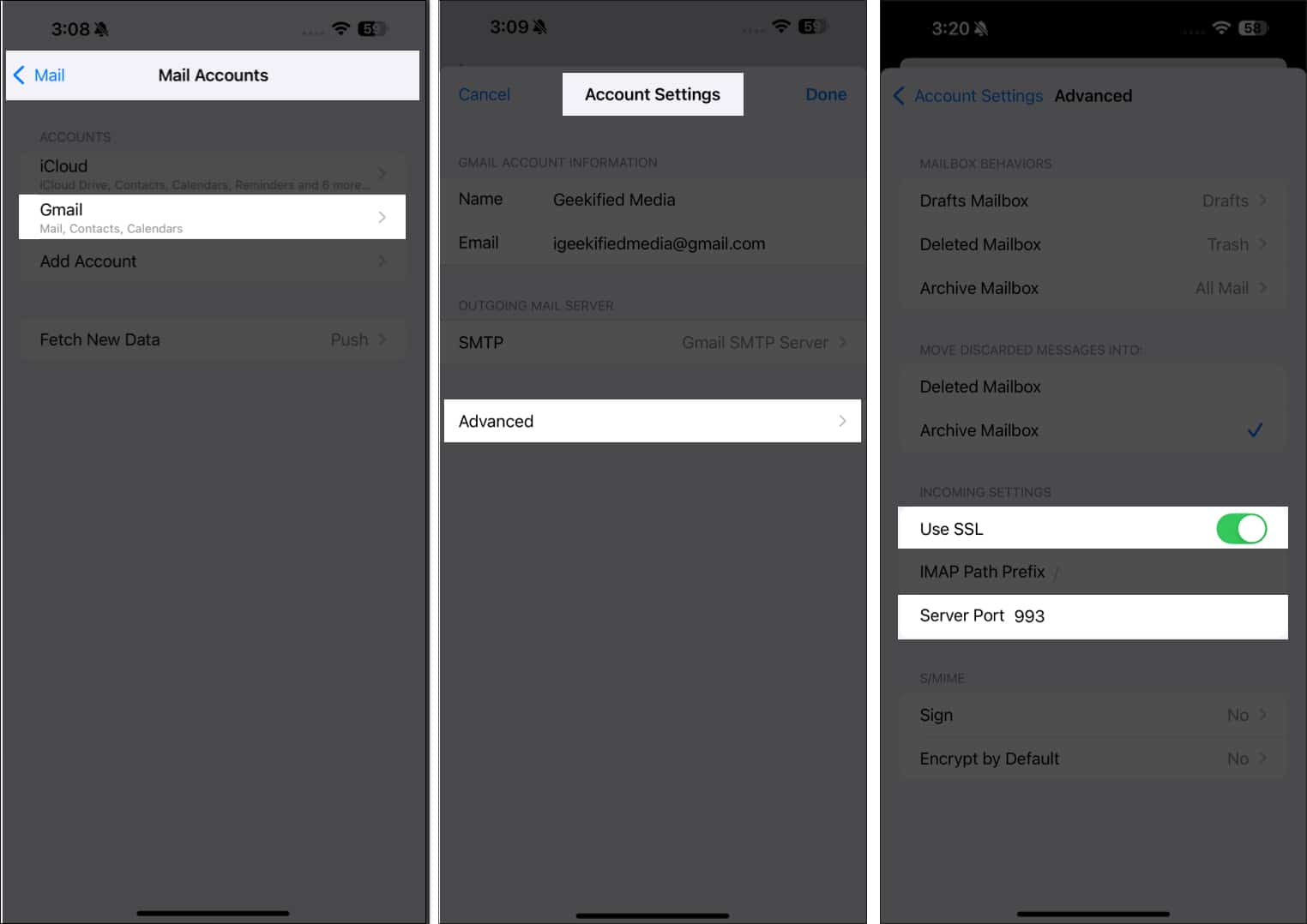 Toggling on SSL and setting the correct server port for a mail in iPhone Settings app