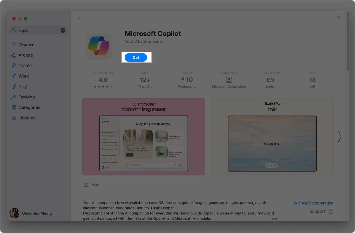 Klik untuk memasang Microsoft Copilot dari Mac App Store