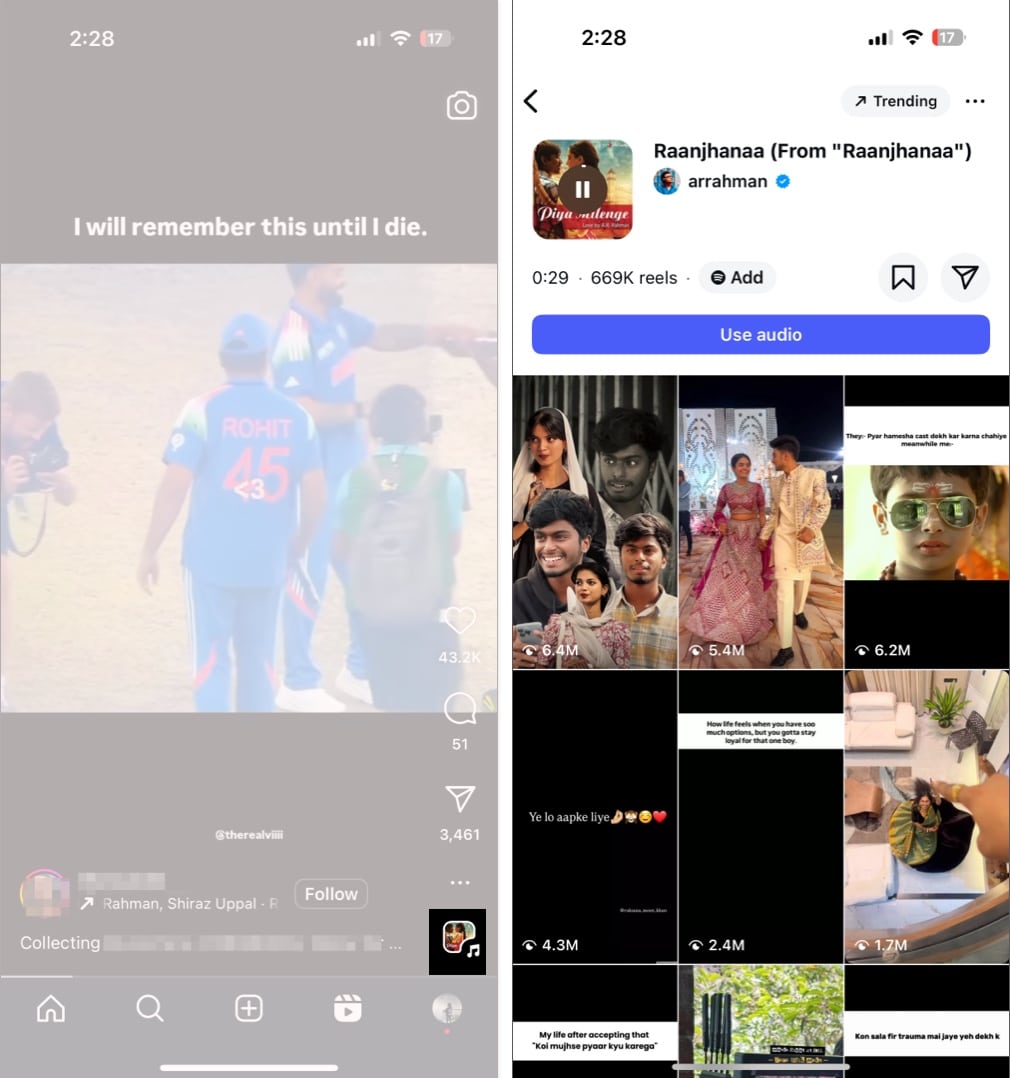 Mencari Audio Trend di tab Explore dalam aplikasi Instagram di iPhone