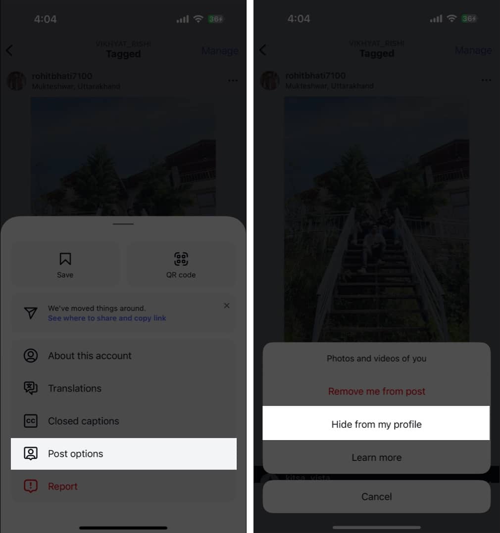Bir iPhone-da bir iPhone-dan bir etiketli Instagram postunu gizlətmək üçün post seçimlərinə daxil olmaq