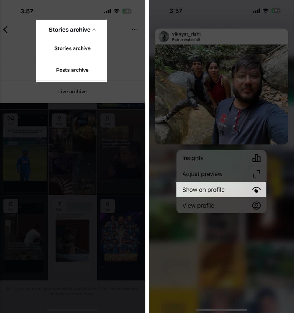 Bir iPhone-da arxivləşdirilmiş İnstagram postunu bərpa etmək üçün profil seçimində şou istifadə edin