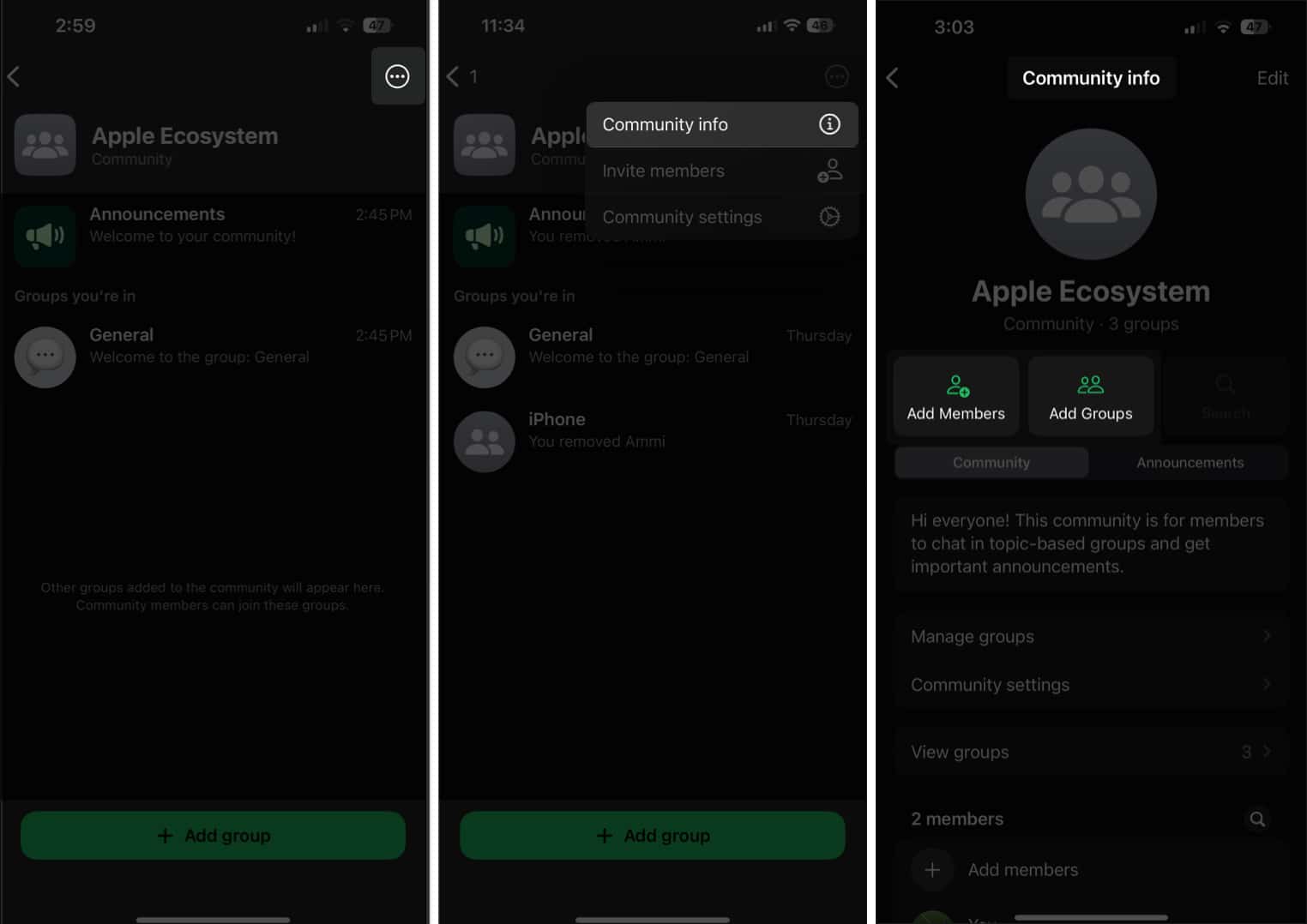 Add Members and Add Groups button on a WhatsApp Community's info page.