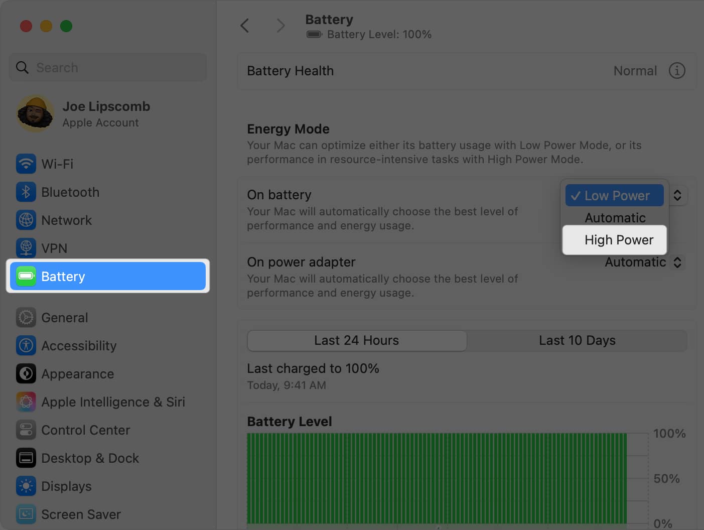 select high power mode from system setting on mac