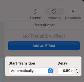 Configuring transition for a slideshow in Keynote on a Mac