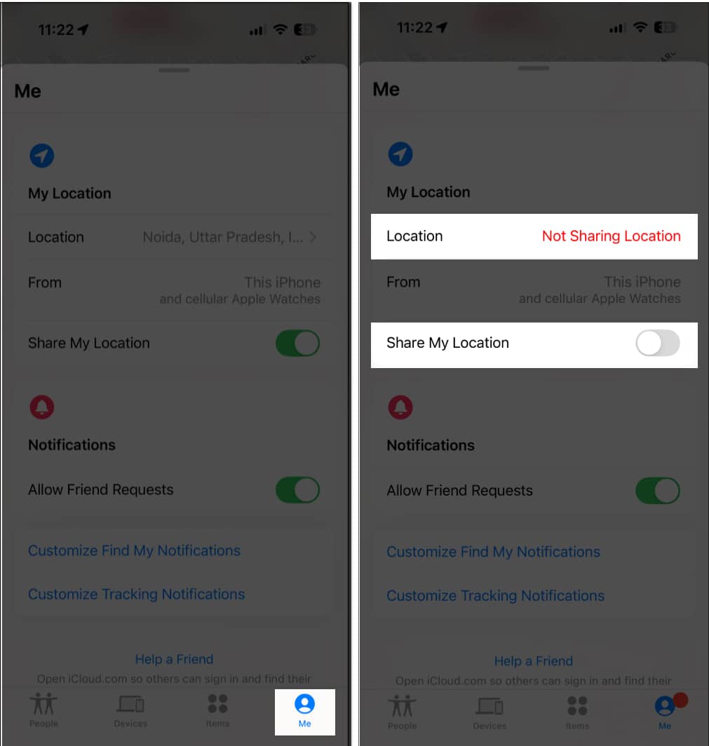 Disabling Share My Location option in Find My app on an iPhone