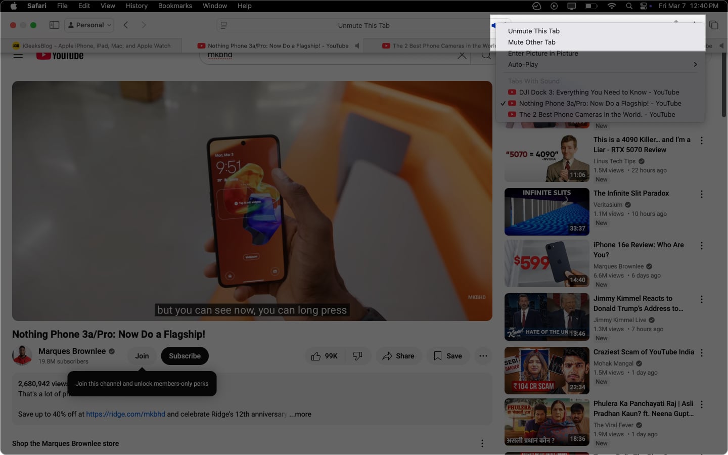 Menggunakan pilihan tab lain yang lain untuk menyesuaikan tab safari lain yang bermain audio