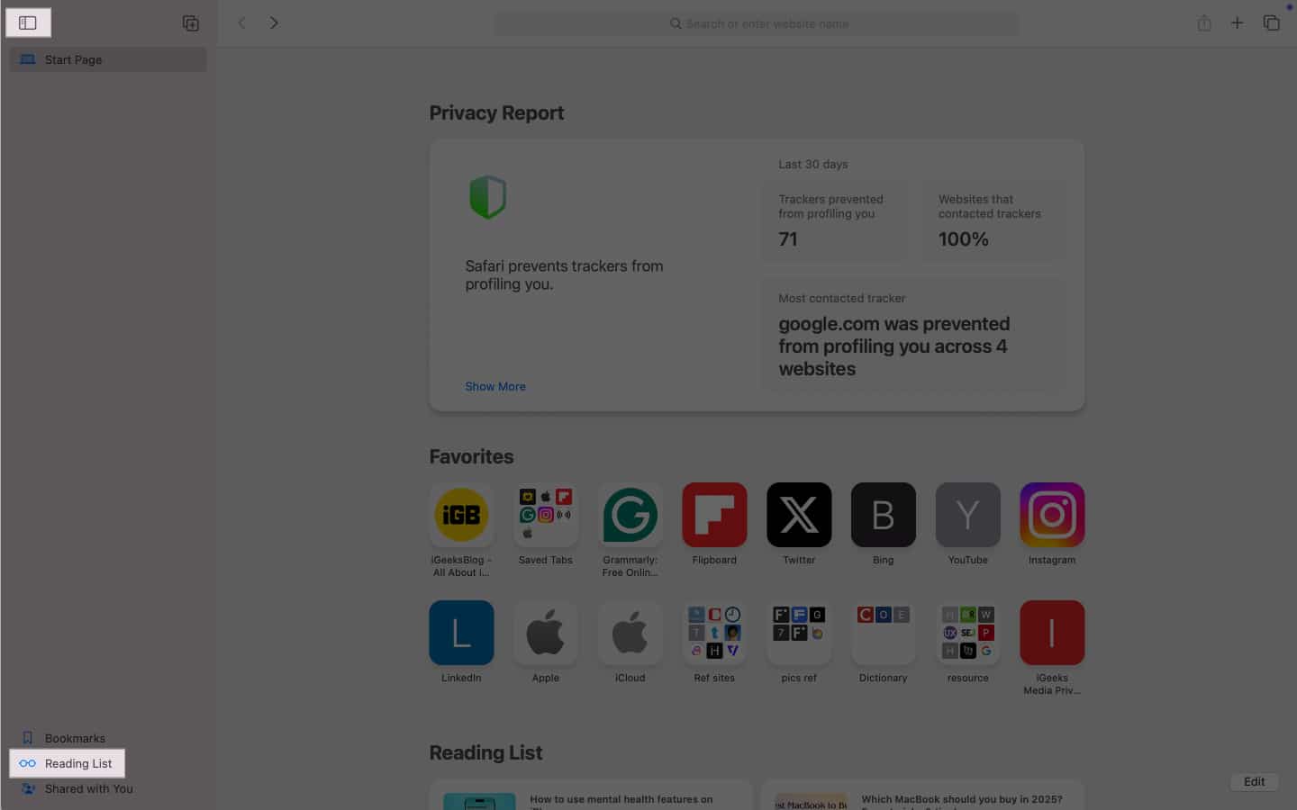 Mengakses senarai bacaan di safari pada mac